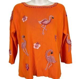Belle Pointe Womens Orange Pink Embroidered Beaded Flamingo Shirt Knit Top sz M